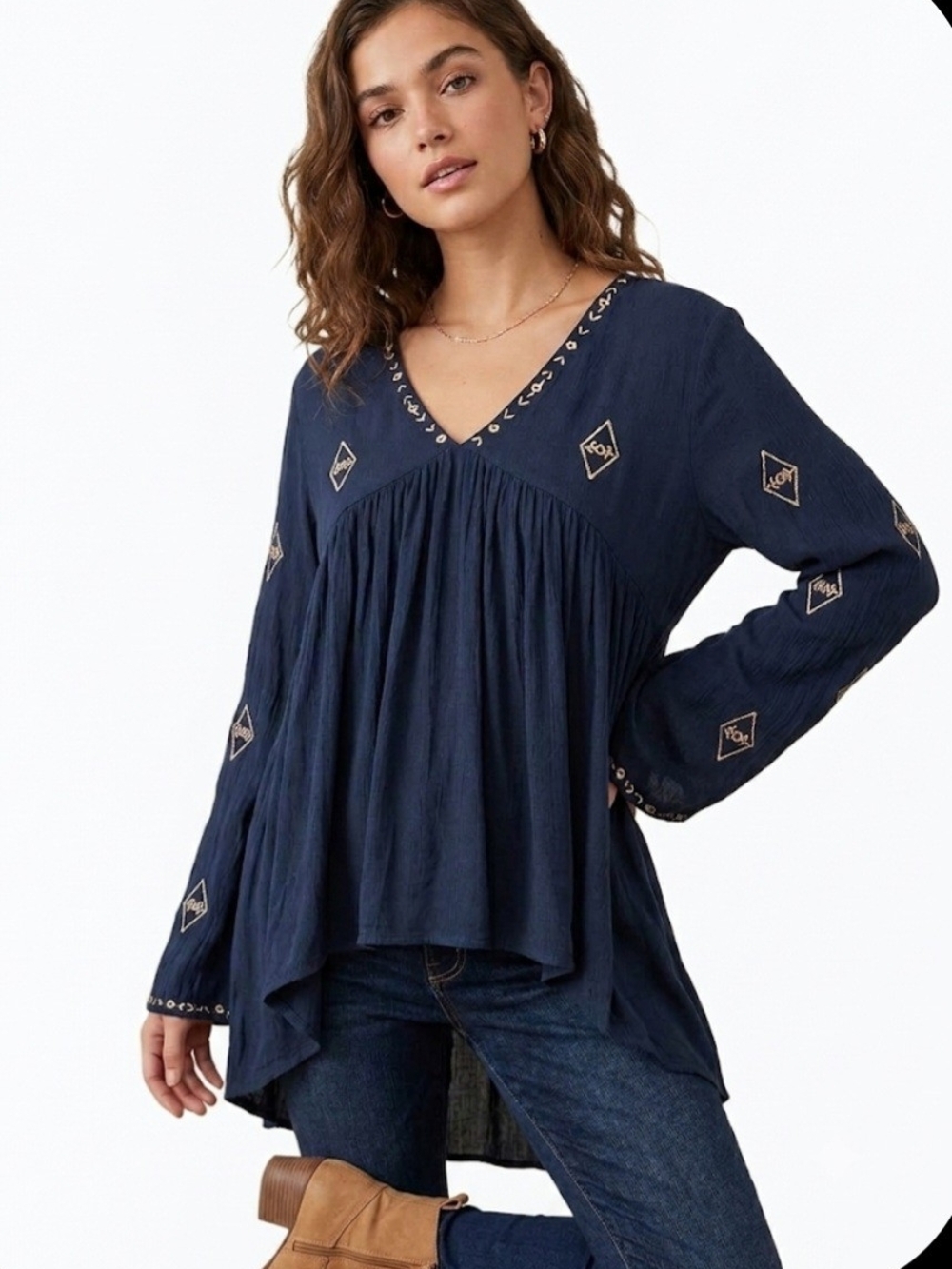 NATURAL LIFE Embroidered High-Low Boho Tunic Top Fringe Peasant Blouse Navy Blue